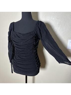 Ember Ruched Mesh Blouse Sheer Long Sleeve Polyester Fitted Y2K Romantic Black